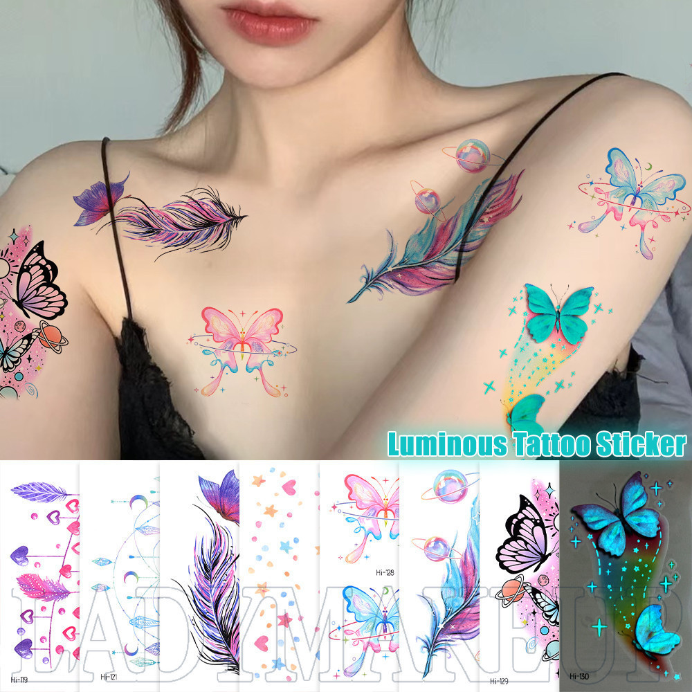 Blue Luminous ชั่วคราว Tattoo สติกเกอร์ - Glowing ผีเสื้อ Feather กันน้ําปลอม Tattoo สติกเกอร์สําหรับแขน, หน้าอก, ไหล่ - กันน้ํา Body Art ตกแต่ง Tattoo Decal