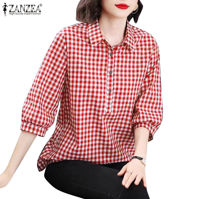 Zanzea ผู ้ หญิงเกาหลีลําลองสามในสี ่ ลายสก ๊ อตปกเสื ้ อหลวม