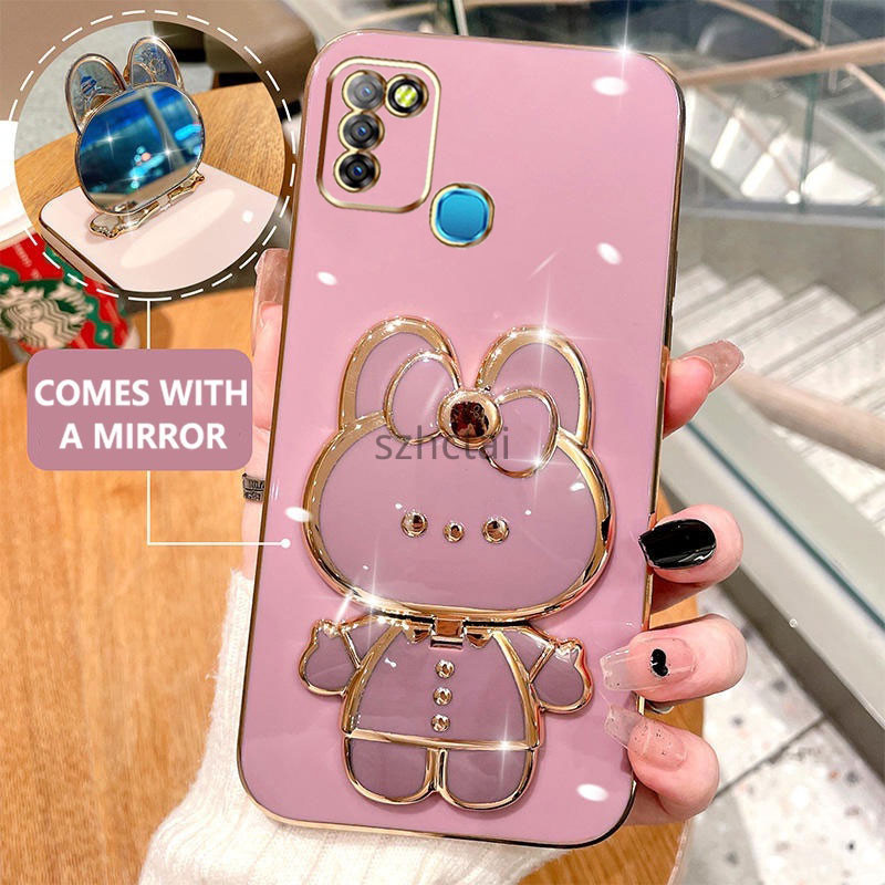 เคสโทรศัพท์ชุบหรูหรา Infinix Smart 5 X657 X657C X657B Hot 10 Lite เคสโทรศัพท์รูปกระต่ายน่ารักหมุนได้ 360 องศาเคสพร้อมกระจกแต่งหน้า