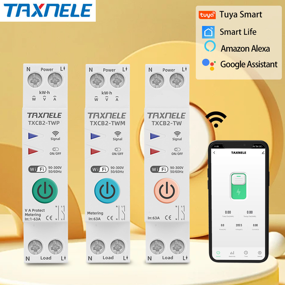 Tuya WIFI Smart Circuit Breaker Power Metering Energy Meter KWh 1P 63A Remote Switch แรงดันไฟฟ ้ าป ้ องกัน
