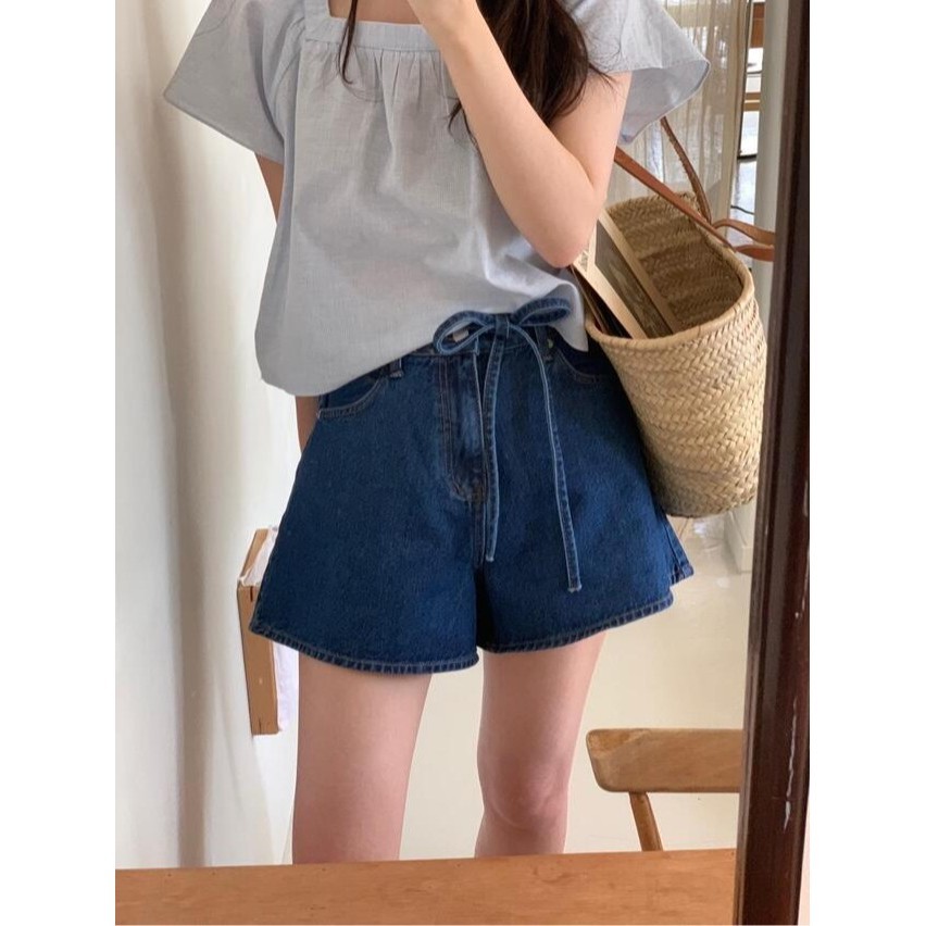 เกาหลีเกาหลีสีน ้ ําเงินเข ้ มเอวสูง a-Line Slimmer Look Drawstring Lace-Up a-Line ขากว ้ าง De