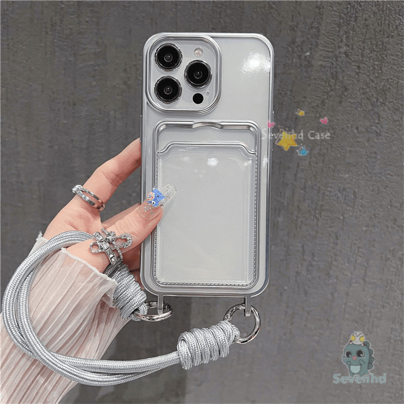 Ins แฟชั่นเคสโทรศัพท์ที่เรียบง่ายเข้ากันได้สําหรับ IPhone 15 14 13 12 11 Pro Max X XR Xs Max 8 7 Plus ผู้ถือบัตรรูปแบบ Electroplated พร้อมเชือกเส้นเล็กป้องกันปกหลัง