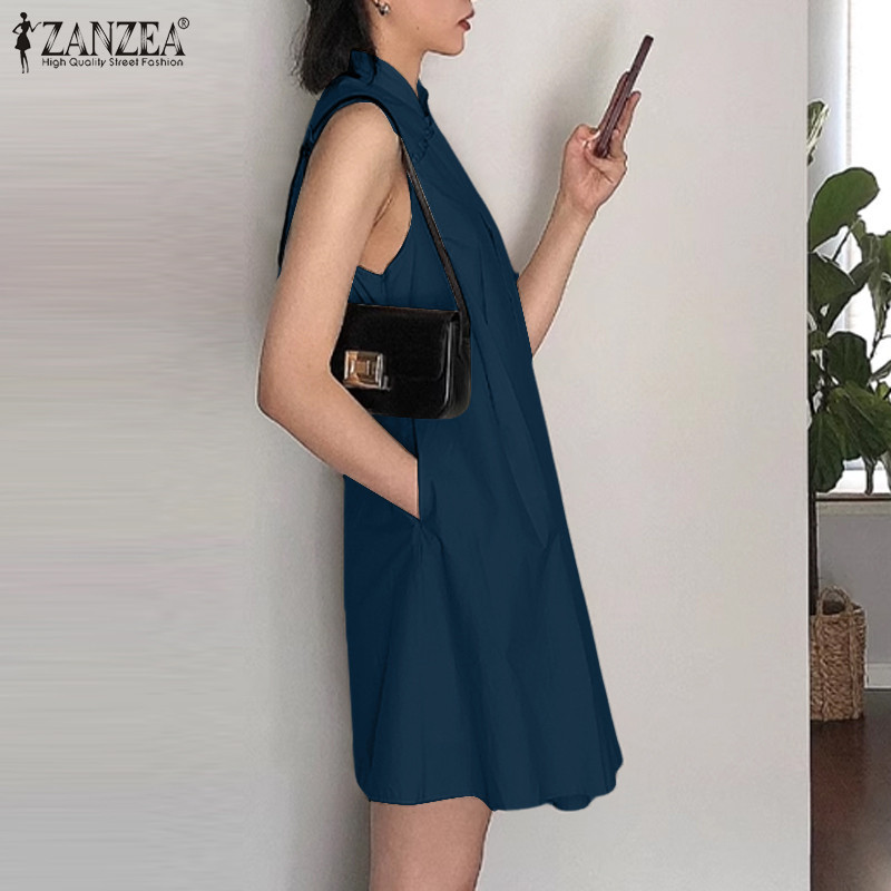 Zanzea ผู ้ หญิงเกาหลีคอปกแขนกุดกระเป ๋ า A-Line ชุดเดรสหลวม — صورة 6