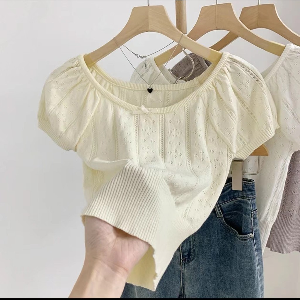 Xiao Version Pure Desire Big Round Neck Bowknot Hollow Knit Short Sleeve Note Mink Knit GYBB