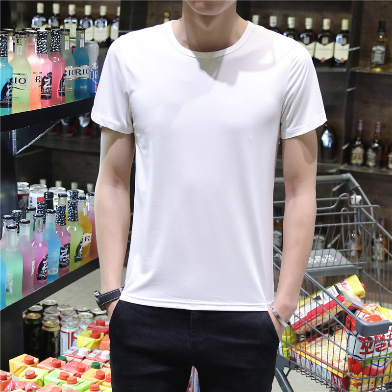 ผู้ชายแขนสั้นผ้ายีนส์แข็งผ้าไหมเวอร์ชั่นเกาหลีเสื้อคอกลมด้านบน