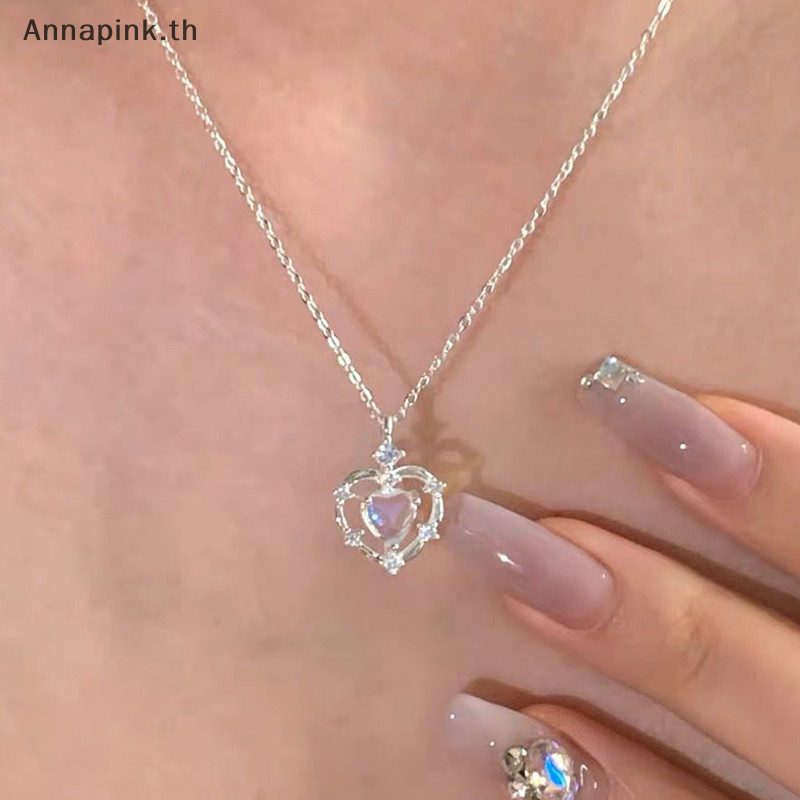 Annapink.th Moonstone Neon Hollow Heart สร้อยคอผู้หญิงอาวุโสการออกแบบ Sense Temperament Simple สร้อยคอเครื่องประดับของขวัญ EN