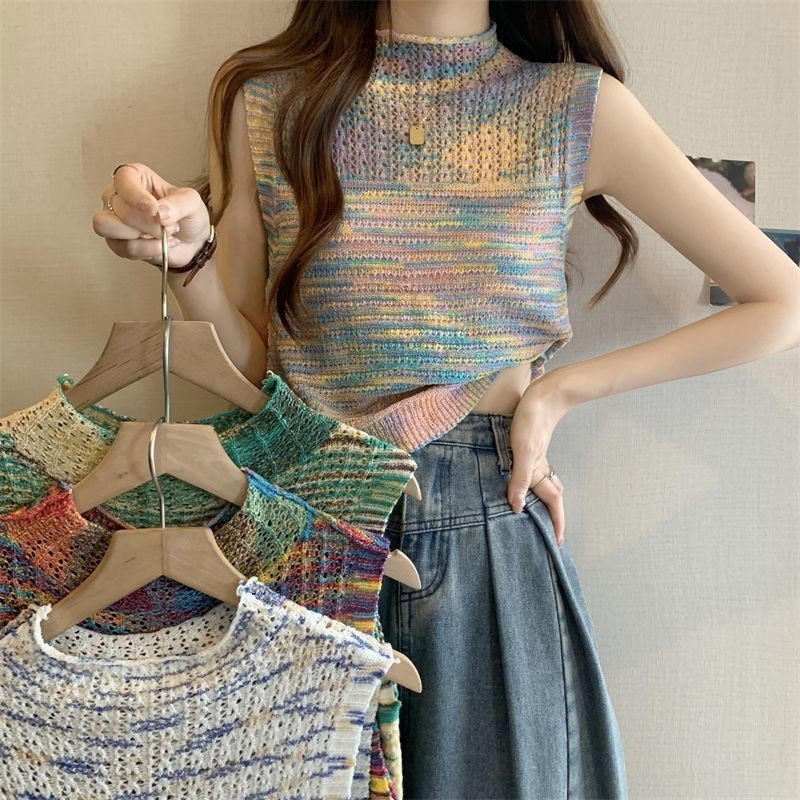ฤดูร้อนภาษาฝรั่งเศสคํา Chic สาวร้อนสายรุ้งลายถักเสื้อชั้นในสตรีขนาดเล็ก Simple All-Match Influencer แขนกุดสั้นด้านบนผู้หญิง