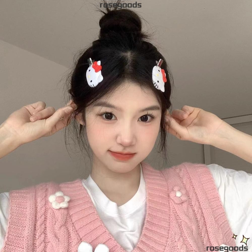 Rose 2 ชิ้น Bangs คลิป, Scrunchies Duckbill คลิป Hairpin, Kawaii น่ารัก Sanrio Hello Kitty การ์ตูน Headrope หญิง