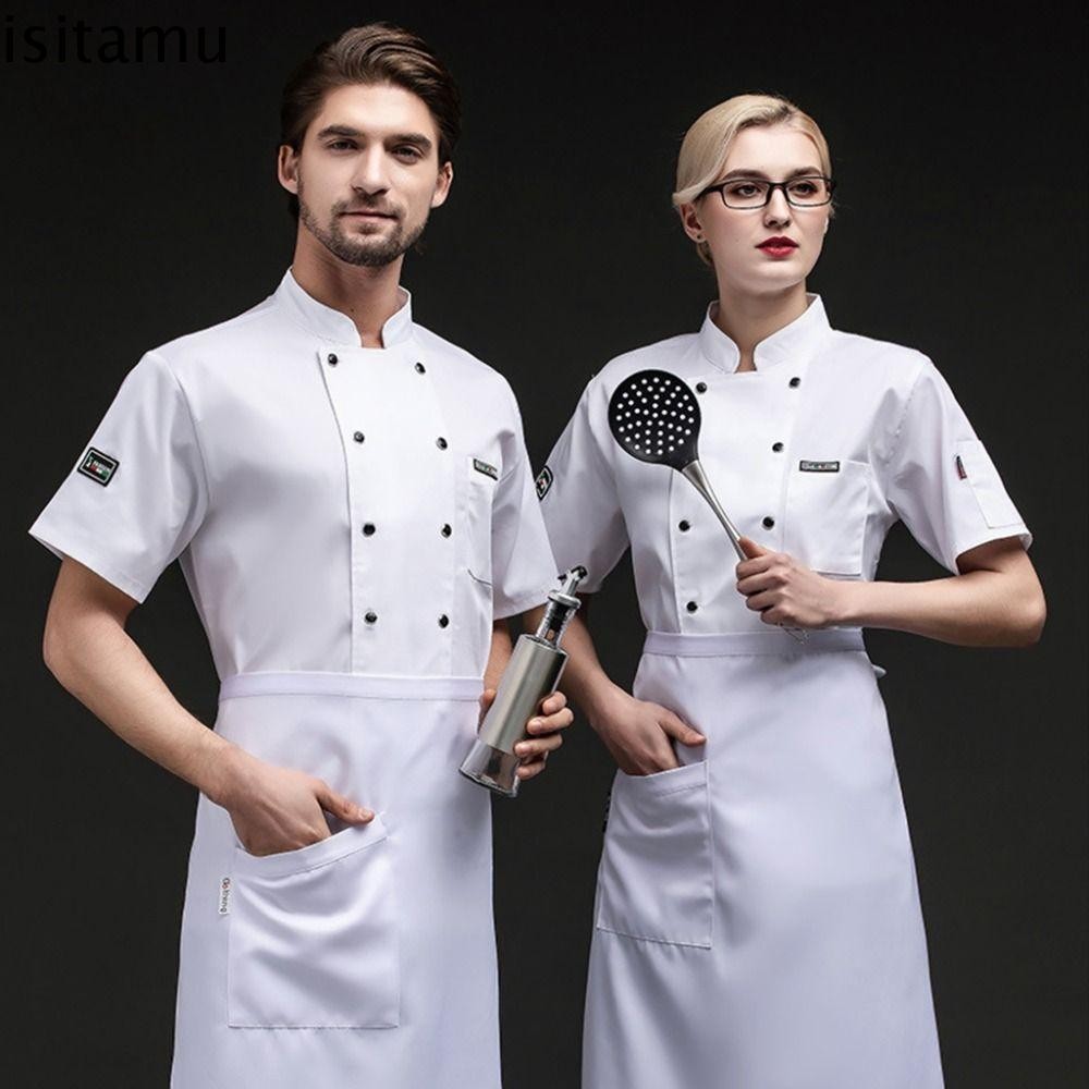ชุดเชฟแขนสั้นตาข่ายระบายอากาศ สีขาว หนา สําหรับโรงอาหาร