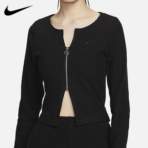 Ready Stock100%แท้nike Womens Slim Fit Zipper Ribbed Black Revealing Knit Jacket FN3683-010