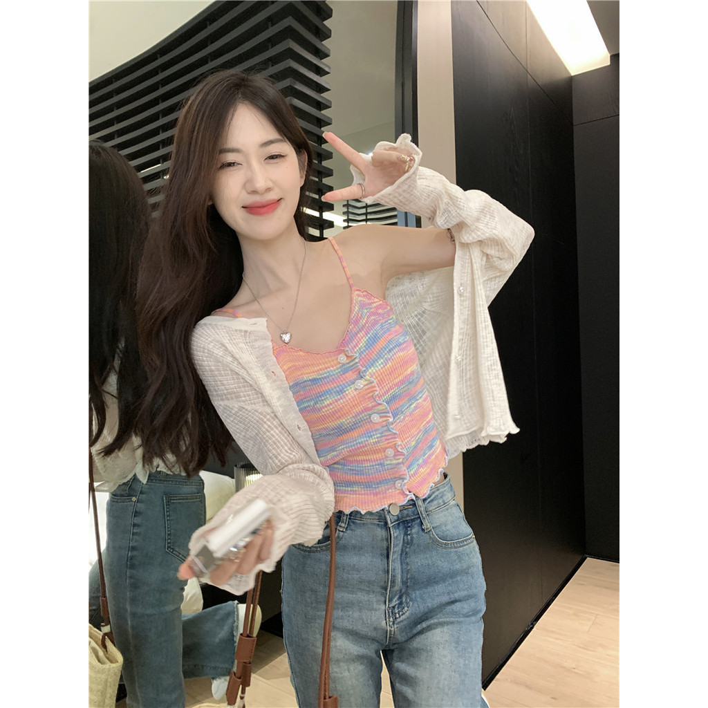 Rainbow Small Camisole ผู้หญิงฤดูร้อนไม้หู Pure Desire ลูกไม้เซ็กซี่ด้านบน