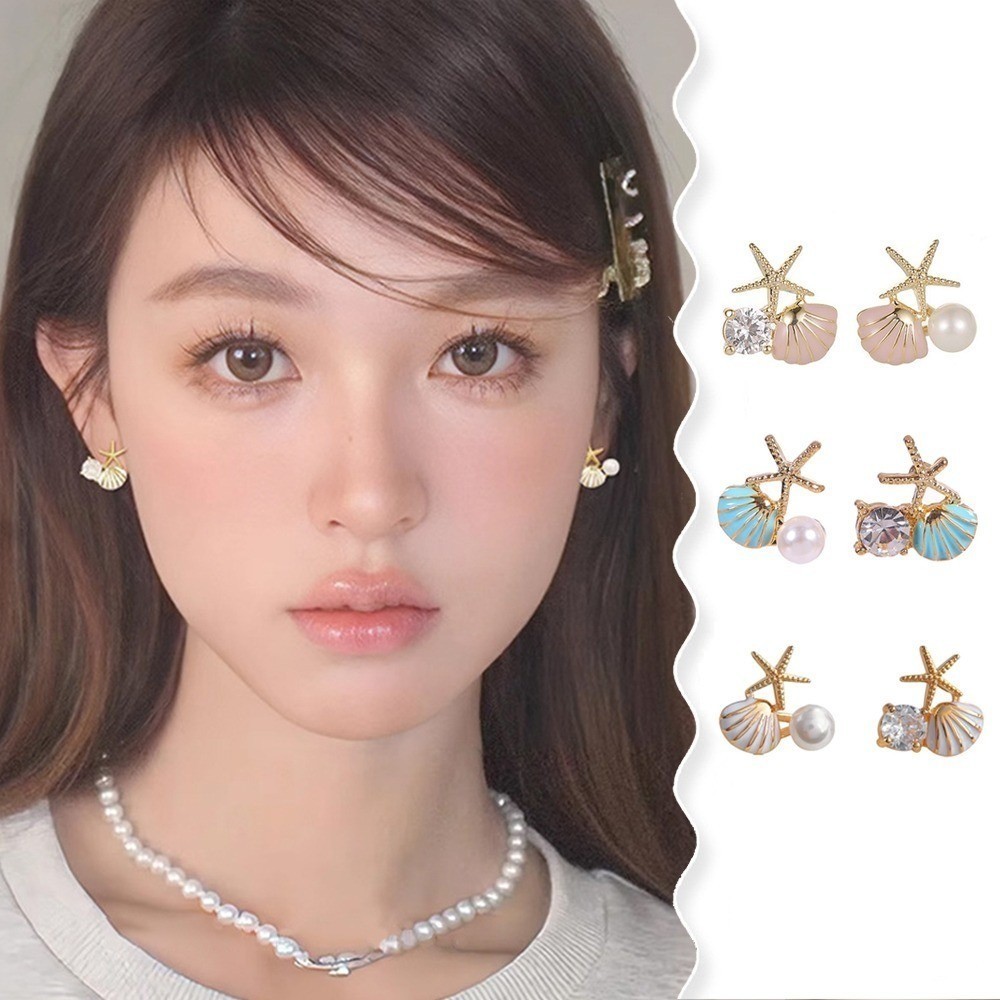 2024 ใหม่มหาสมุทรสไตล์แสงหรูหราหยดน้ํามันพัดลมเชลล์ทะเลดาวต่างหูมุกเลียนแบบ
