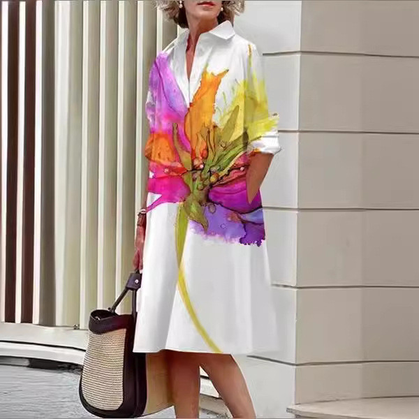 มิยาเกะ จีบ 2024 แฟชั่นสไตล์ใหม่สไตล์อ่อนโยนดอกไม้ 3ง การพิมพ์ดิจิตอลกระดุมแถวเดียวเปิดปุ่มชุดเสื้อกระโปรงยาวดีงาม