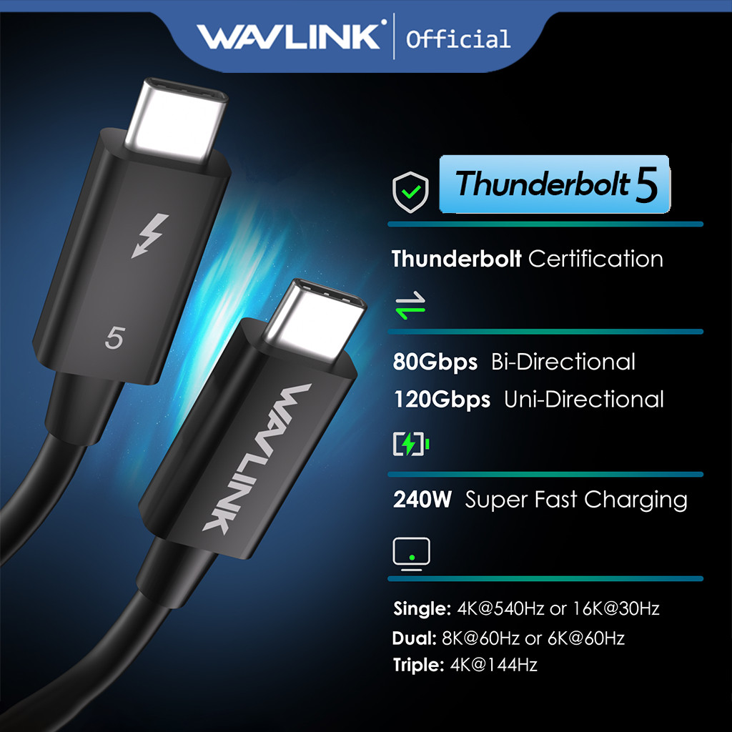 Wavlink Thunderbolt 5 สายการรับรอง 120Gbps Fast Data 240W Power Delivery สาย USB-C 8K 16K จอแสดงผล Backwards ใช้งานร่วมกับ Thunderbolt 4 USB4 เหมาะสําหรับแล็ปท็อปสําหรับเล่นเกมจอภาพ
