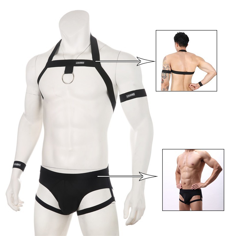 ผู้ชายเซ็กซี่ชุดชั้นในชุด Jockstrap สีดําสีขาวทาสสายรัด Halter สายรัดหน้าอก + Hollow Out G-String Thongs ชุดชั้นในเสื้อผ้า