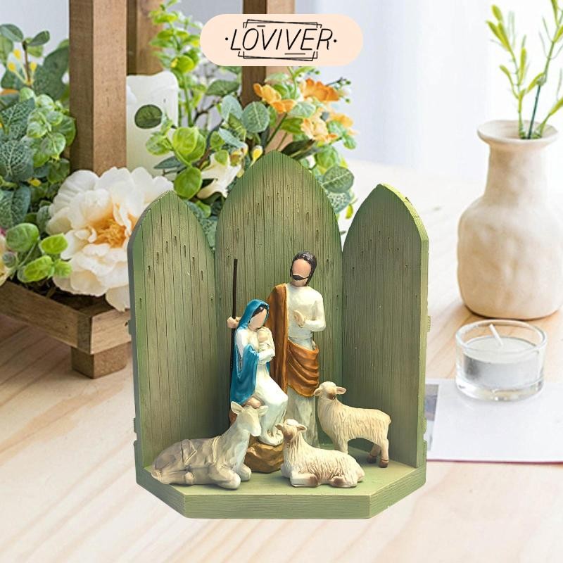 LOVIVER พระเยซูประสูติฉากรูปปั้นครอบครัวศักดิ์สิทธิ์หุ่นโต๊ะเครื่องประดับประดับงานศิลปะชิ้นกลางสําหรับการศึกษาห้องนั่งเล่นในร่ม