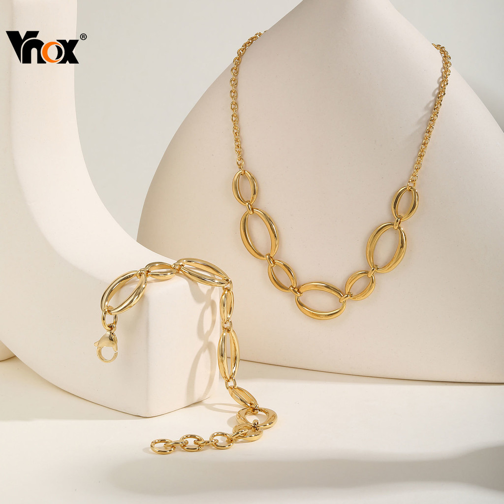 VNOX วีน็อกซ์ รูปไข่แฮนด์เมดโซ่สร้อยข้อมือสร้อยคอชุดสําหรับผู้หญิง,ทอง18เคสแตนเลสไม่ซีดจางแฟชั่นเค้นคอสร้อยคอชุดเครื่องป