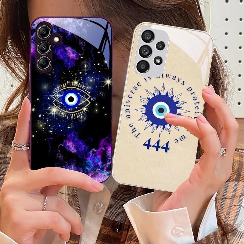 SAMSUNG Evil Eyeกระจกนิรภัยเคสโทรศัพท์สําหรับSamsung Galaxy S24 Plus S20 FE S23 Ultra A16 A15 A23 A72 A73 A55 A54 A52 A53 หรูหราสีฝาครอบโทรศัพท์