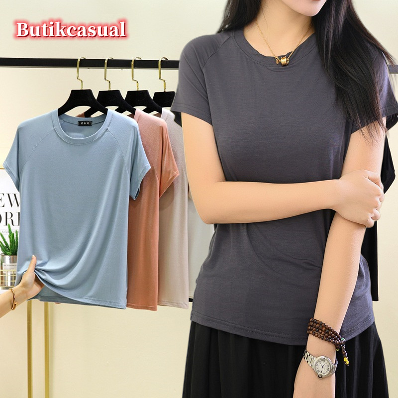 ผู้หญิง Modal แขนสั้น Tshirt 2025 เสื้อฤดูร้อนธรรมดาหลวมบางอเนกประสงค์เสื้อลําลองด้านบน