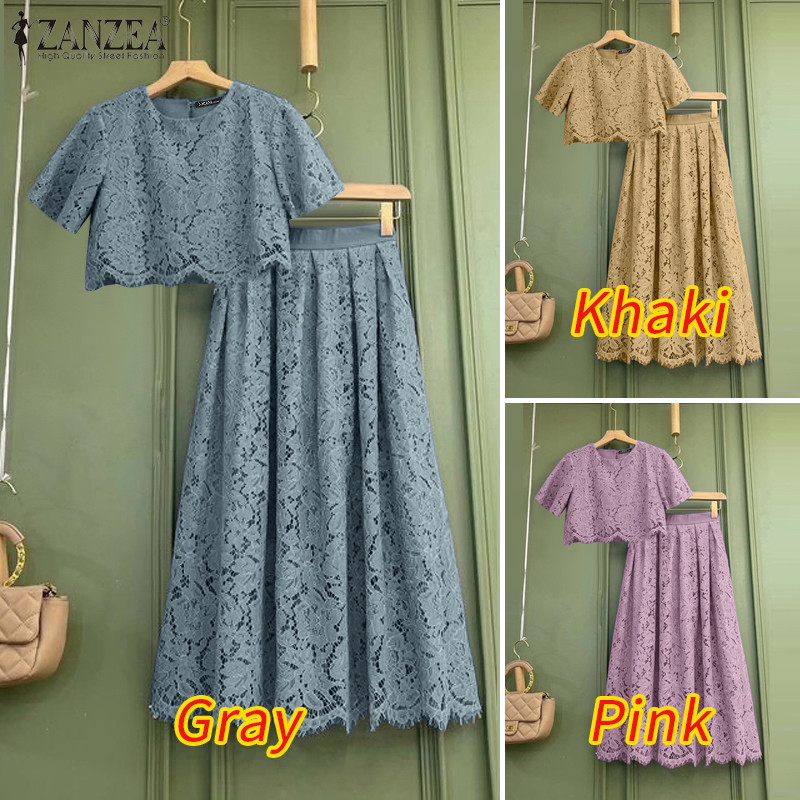 Zanzea ผู้หญิงแขนสั้นลําลองลูกไม้ Patchwork A-Line กระโปรงฤดูร้อนชุดสองชิ้น — صورة 3