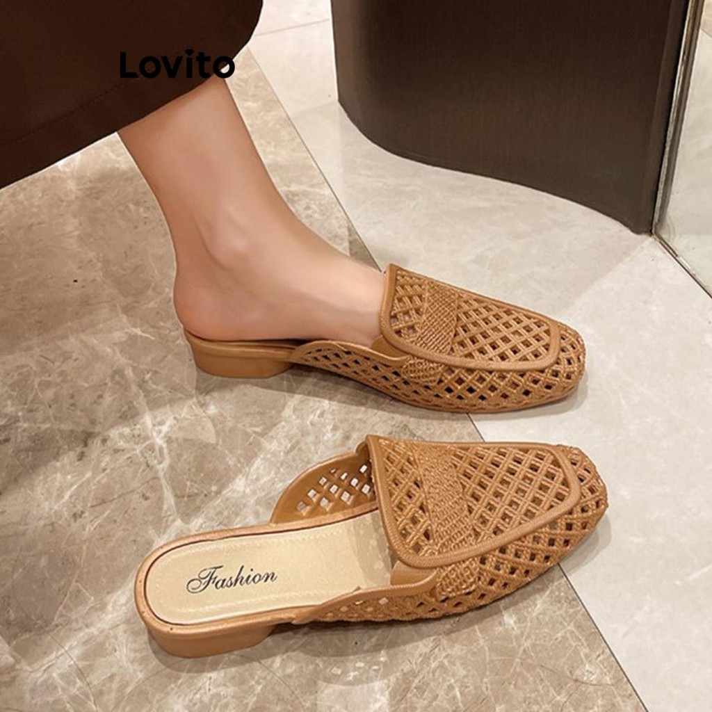 Lovito รองเท้าแตะส้นแบนกันลื่นพื้นนุ่มแบบเรียบง่ายสำหรับผู้หญิง LFA56356