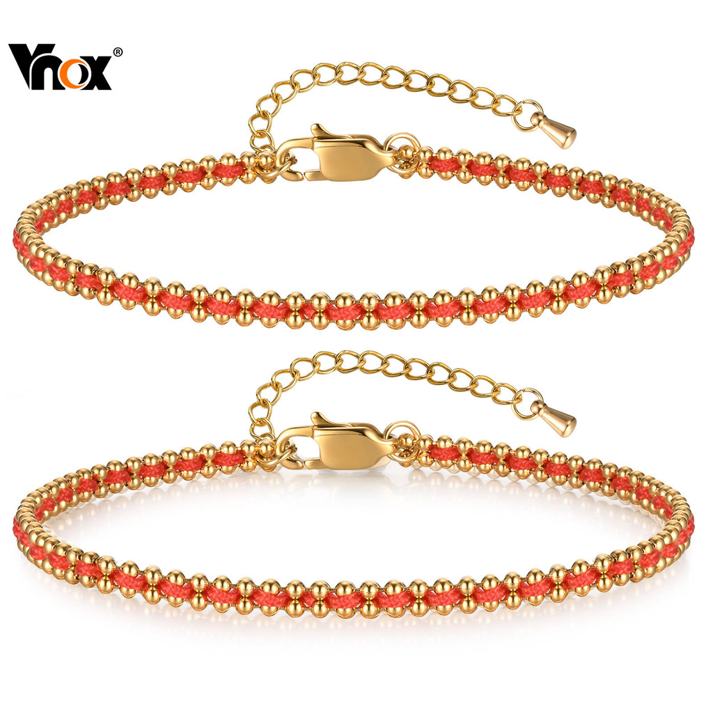 VNOX วีน็อกซ์ สร้อยข้อมือโซ่ทอเชือกสีแดงสําหรับผู้หญิง,สร้อยข้อมือโซ่ลิงค์สแตนเลสสีทอง,ของขวัญเครื่องประดับแฟชั่น