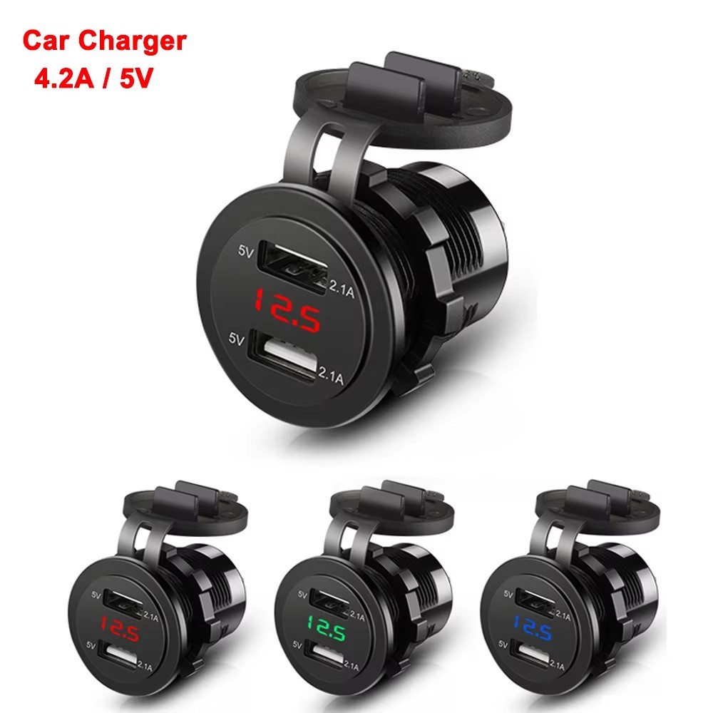 ใหม่รถไฟแช็ก 4.2A รถ Charger Dual USB ซ็อกเก็ตปลั๊กไฟ 12V 24V LED โวลต์มิเตอร์ Moto Auto Splitter อะแดปเตอร์