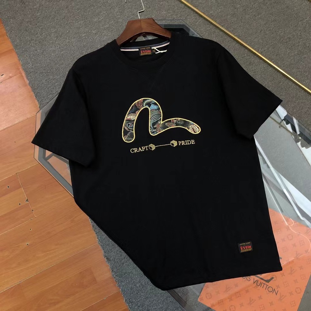 Wang Yibo เดียวกัน EVISU24 ฤดูร้อนผู้ชายดอกไม้ Seagull พิมพ์ลูกเรือคอแขนสั้น 100% Premium Cotton เสื