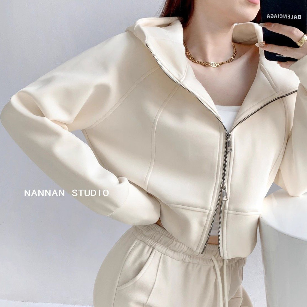 [F-store] เสื้อฮู้ดสั้นทรงเข้ารูปที่สะดุดตาสำหรับผู้หญิง ฤดูใบไม้ผลิและฤดูใบไม้ร่วง ทรงหลวมพร้อมซิป