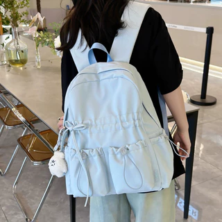 Pearsbags กระเป๋าสะพายคู่ ความจุขนาดใหญ่ น่ารัก โบว์ โรงเรียน สีทึบ กระเป๋าสวย