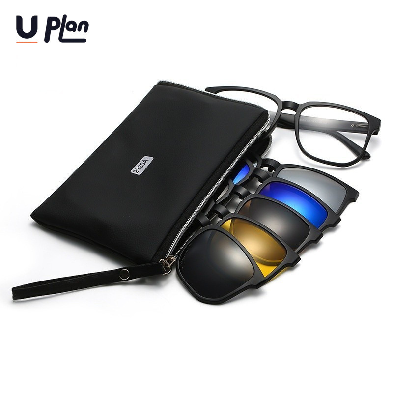 UPLAN แว่นกันแดดกรอบใหญ่ 6 in 1 แบบใหม่พร้อมกรอบ TR ทรงสายตาสั้น หลากสี กรอบแม่เหล็ก สลับเปลี่ยนได้ สไตล์เรโทร สำหรับผู้ชายและผู้หญิง