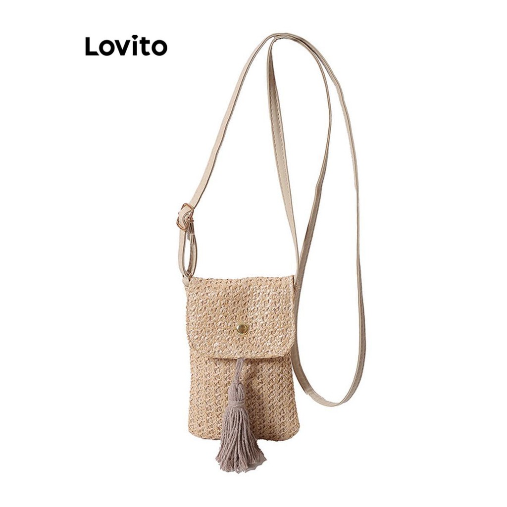 Lovito กระเป๋าโทรศัพท์มือถือวันหยุดธรรมดาแบบลําลองพร้อมกระเป๋าเสน่ห์พู่ฟางสําหรับผู้หญิง  LFA65035