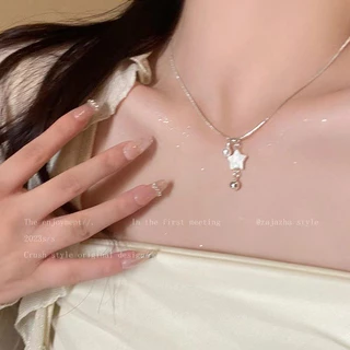💝เครื่องประดับผู้หญิง💝สร้อยคอจี้เปลือกหอยมุกดาวห้าแฉก&หัวใจ สไตล์เกาหลีสีเงินโซ่ไหปลาร้าไม่ตกสี N196