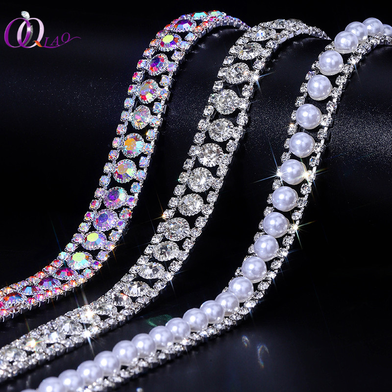 Qiao 91 ซม.คริสตัลโลหะ Trim Glitter Rhinestone Chain Charms Applique เย็บริบบิ้น Trim Applique เครื่องแต่งกายรองเท้างานแต่งงานอุปกรณ์เสริม