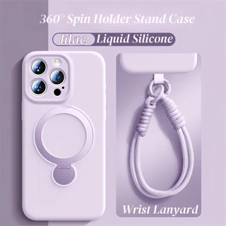 หรูหราแม่เหล็กซิลิโคน Lanyard เคสโทรศัพท์สําหรับ iPhone 16 15 14 13 Pro Max พร้อมสายรัดข้อมือ Spin Holder Stand Casing Soft Cover