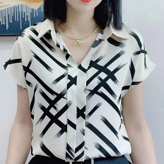 ชีฟองแขนสั้นผู้หญิงเสื้อด้านบนที่เรียบง่ายอเนกประสงค์หลวมคอวี