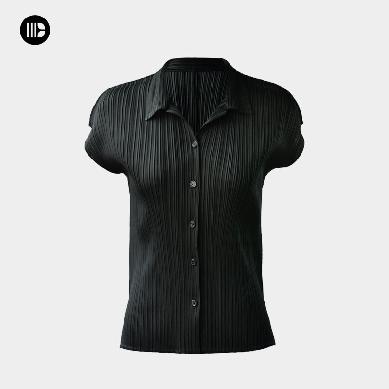 Miyake Impulse สไตล์จีบเสื้อผ้าผู้หญิงส่งออกสินค้ายุโรป Texture Raglan เสื้อเชิ้ตแขนสั้น Top High-End Slimmer ดู