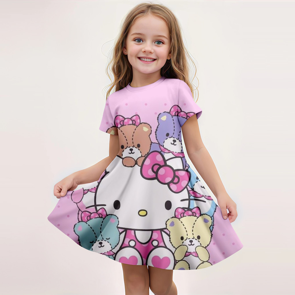 MINISO เป็นที่นิยม มินิโซ เด็กแฟชั่นใหม่สาวชุดการ์ตูนน่ารัก สวัสดี คิตตี้ 3ง พิมพ์ชุดเจ้าหญิงรอบคอบ้านสบาย - รูปที่ 2