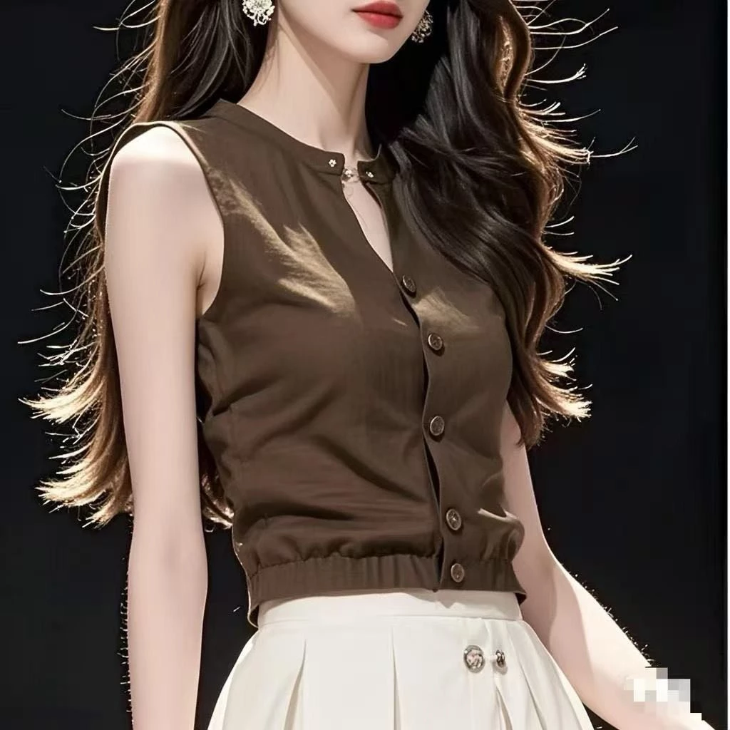 ฤดูร้อนฝรั่งเศสสไตล์ใหม่สีเขียวที่สวยงามแคบ-เอวเสื้อกั๊กสั้นเสื้อแฟชั่นยอดนิยมอารมณ์สบายทุกการแข่งขันพจนานุกรม