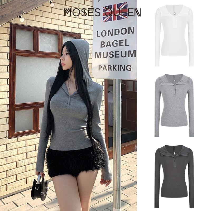 Moses Queen American Lapel Hooded แขนยาวผู้หญิงฤดูใบไม้ผลิใหม่เอว-pinching Slim Top #62845