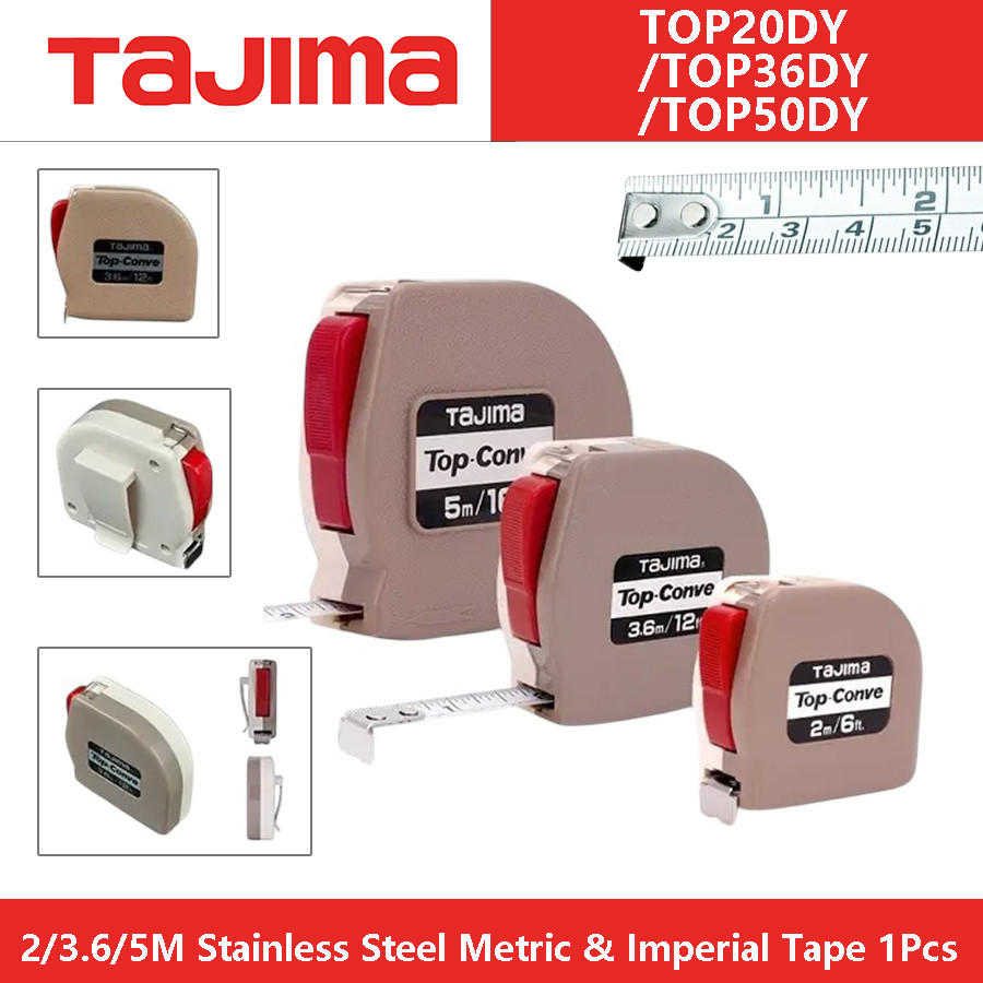 Tajima สแตนเลสเมตริกและเทป Imperial 1 ชิ้นพร้อมคลิปล็อคอัตโนมัติ Mini เทป 2/3.6/5 เมตร Precision เครื่องมือวัด TOP Series