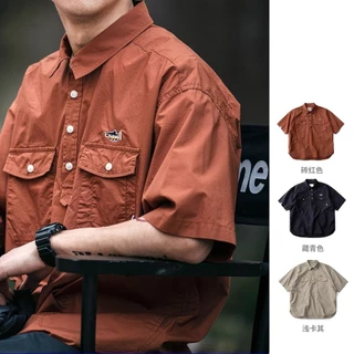 Pannofluxus เสื้อเชิ้ตผู้ชายแขนสั้นญี่ปุ่นฮาราจูกุแบรนด์อินเทรนด์ปักลายชุดทํางานเสื้อเชิ้ต