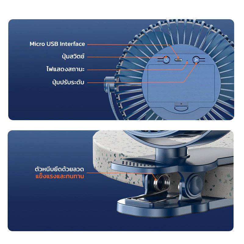 พัดลมตั้งโต๊ะ แบบคลิป ไร้สาย มีแบตในตัว ชาร์จด้วยสาย USBปรับได้ 360° ตั้งได้ หนีบได้พัดลม พัดลมพกพา thumbnail 6