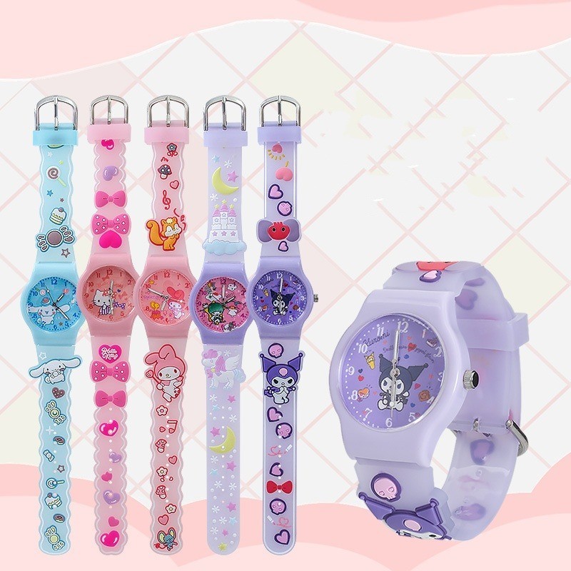 SANRIO นาฬิกาข้อมือควอตซ์ ลายการ์ตูน My Melody Cinnamon Kuromi Hello Kitty 3 มิติ กันน้ํา เหมาะกับของขวัญ สําหรับเด็กผู้ชาย และเด็กผู้หญิง