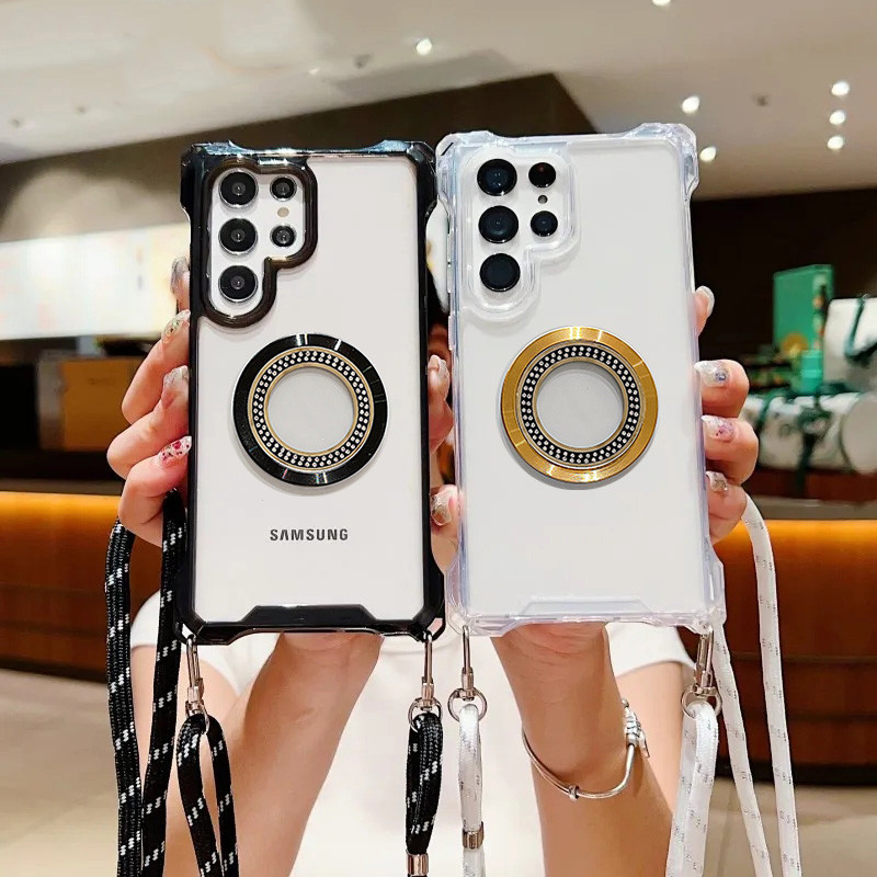 เคสโทรศัพท์มือถือแบบใส กันกระแทก พร้อมสายคล้อง สี่มุม สําหรับ Samsung Galaxy S23 FE S24 Plus S22 Ultra A35 A53 A14 A34 A54 A15 A55 5G