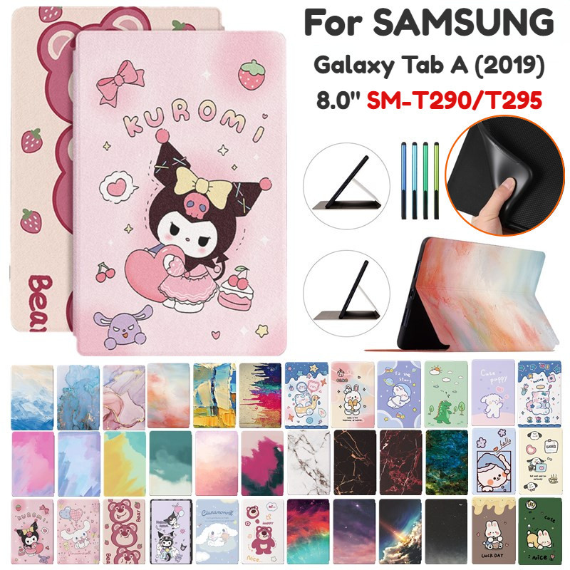 Kuromi Melody Labubu Crayon Shin Chan การ์ตูนทาสีนูน PU หนังสําหรับ Samsung Galaxy Tab A 8.0 2019 SM-T290 SM-T295 SM-T297 ฝาครอบขาตั้งเด็กผู้ถือ Shell