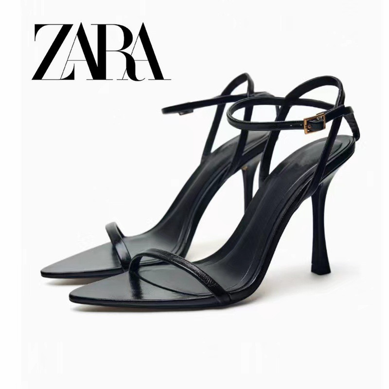 Zara รองเท้าส้นสูง หัวแหลม เปิดนิ้วเท้า มีสายรัดข้อเท้า แฟชั่นสําหรับผู้หญิง