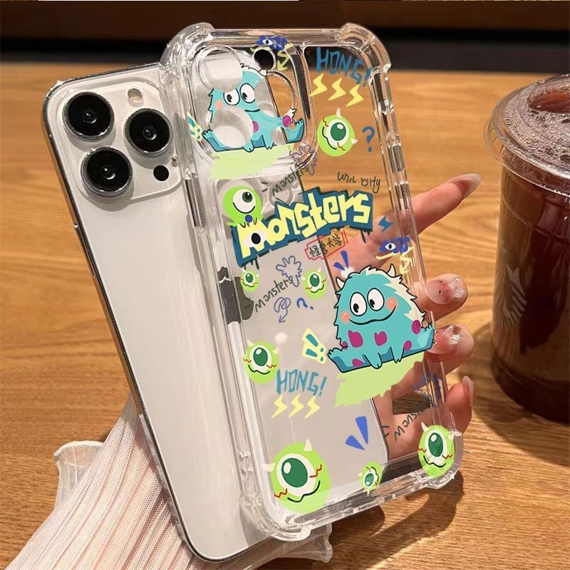 เคสโทรศัพท์มือถือแบบใส กันกระแทก ลายมอนสเตอร์ สี่มุม สีเขียว สําหรับ IPhone 11 12 Pro Max X XR XS Max SE 7 Plus 8 Plus 13 Pro 14 15 Pro Max