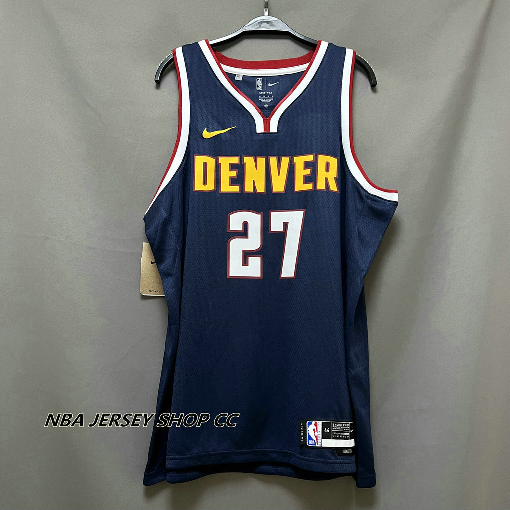 นักเก็ต NBA Denver ของแท้ แบบใหม่ สําหรับผู้ชาย #27 เสื้อกีฬาแขนสั้น ลายทีมกองทัพเรือ Jamal Murray 2022-23 Icon Edition