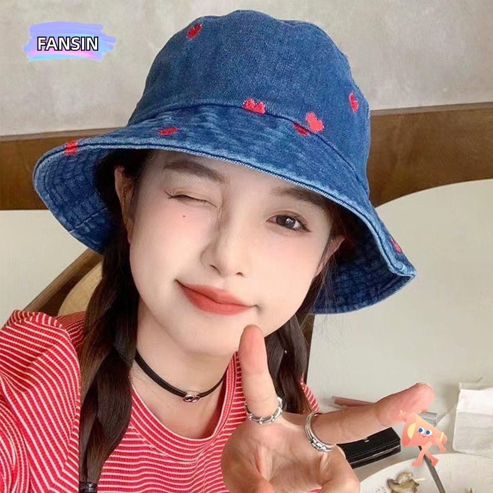 Fansin หมวกบักเก็ตยีนปีกกว้าง ป้องกันรังสียูวี พับได้ เหมาะกับเดินชายหาดกลางแจ้ง แฟชั่นฤดูร้อน สําหรับผู้หญิง
